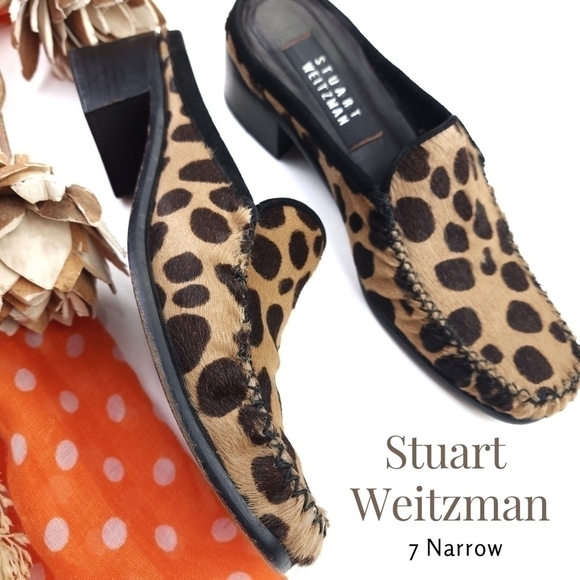 Stuart Weitzman Leopard Print Calf Fur Loafer Mules Sz 7.5  Narrow - Picture 1 of 9
